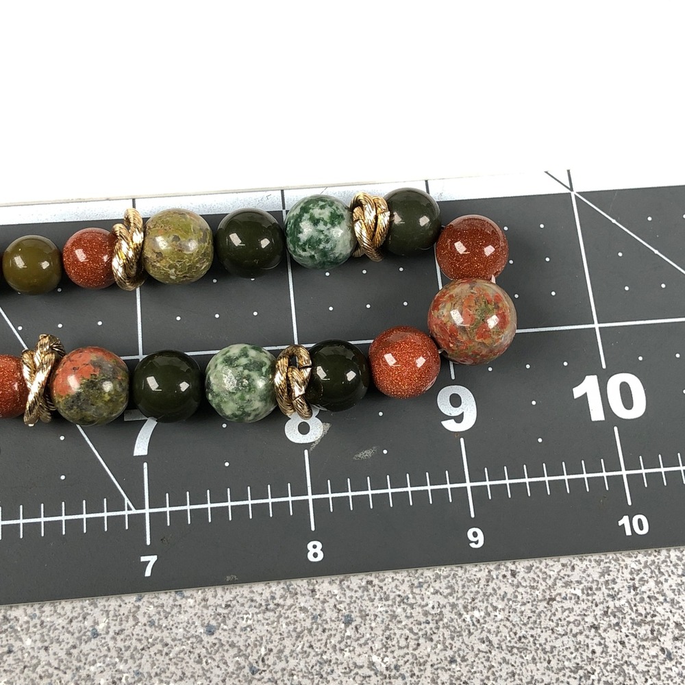 Natural Stone Beads Jewelry Set Unakite Green Jasper Goldstone Gold Tone Spacers - Picture 9 of 11